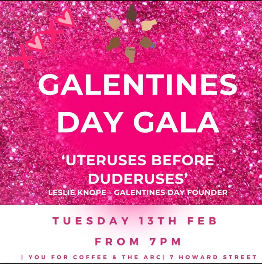 Pink square with the words Galentine's Day Gala