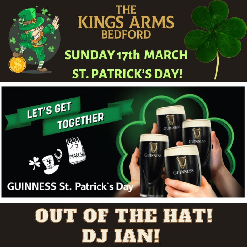 St Patrick's Day advertisement complete with pints of Guinness and a leprechaun.
