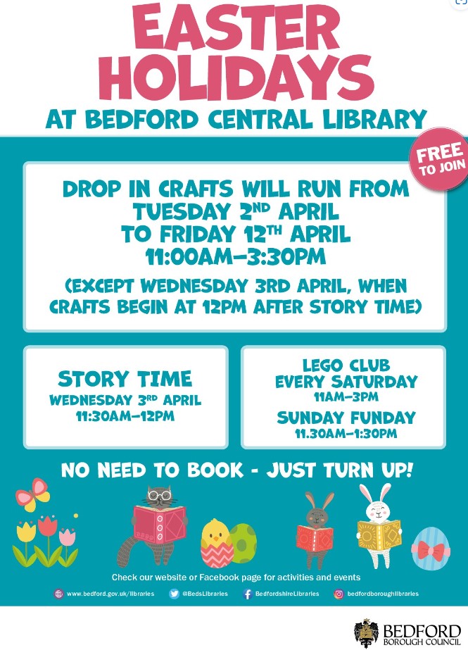 Easter at Bedford Library poster with Easter themed event calendar