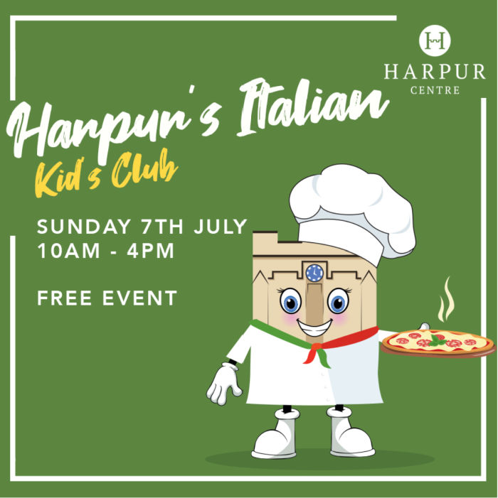 Harpur the Harpur Centre Mascot dressed as an Italian Chef with a pizza. 