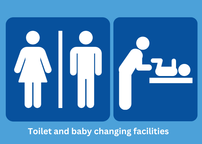 Toilet facilities sign. Man woman and baby changing.