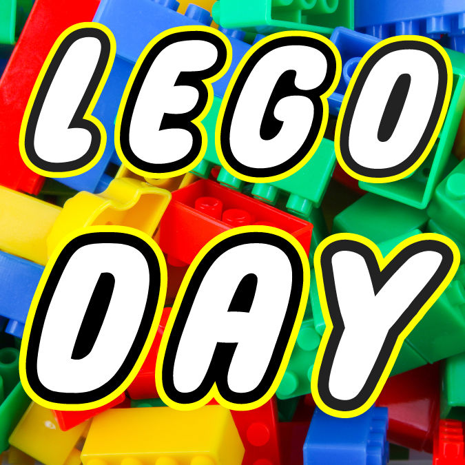 Lego Day promo image with the words Lego Day and coloured lego in the background.