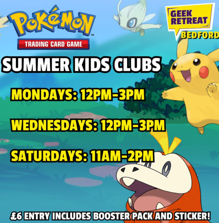 Advert for summer kids clubs at Geek retreat with a picture of a pikatchu