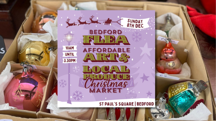 Christmas Flea market advert with glass baubles in the background