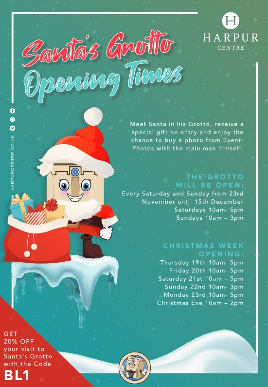 poster advertising the opening times for the Harpur Centre Grotto