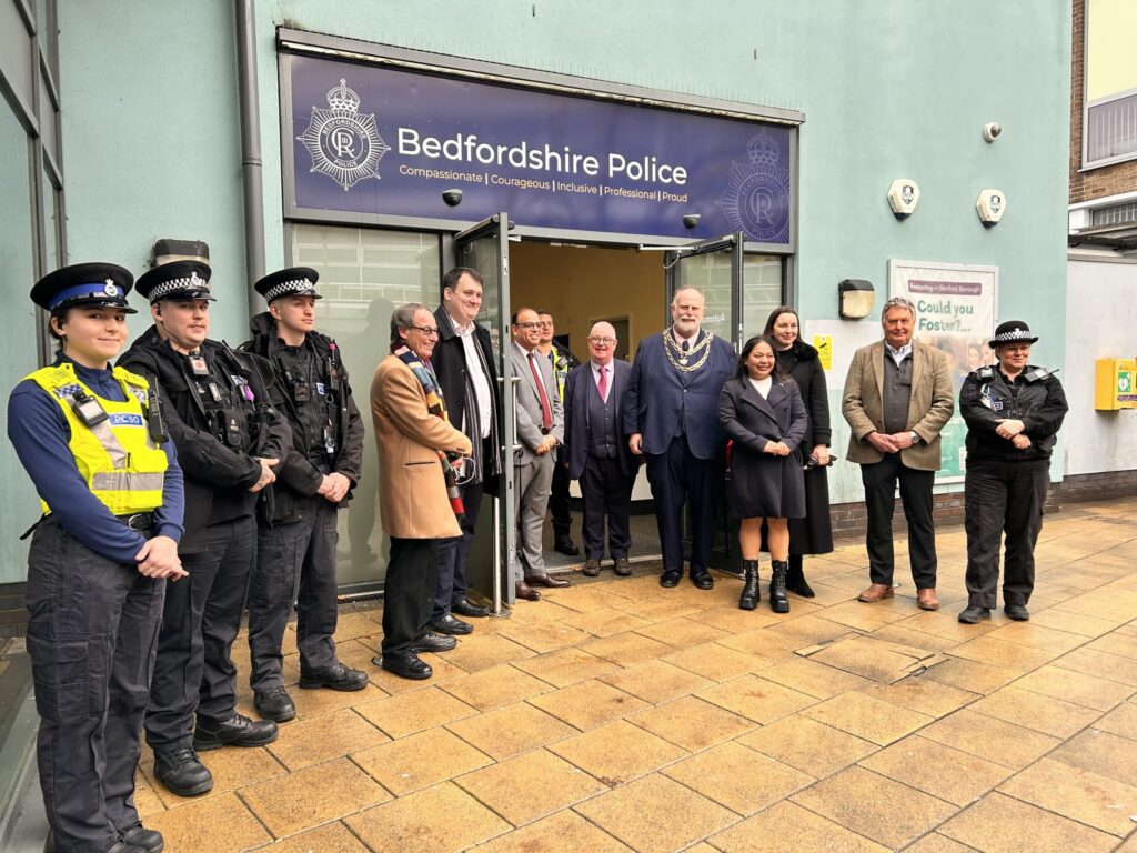 Police officers, dignitaries and the Mayor of Bedford outside Bedfordshire Police Hub 