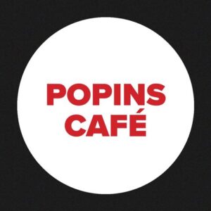 Logo for Popins Cafe written in red.