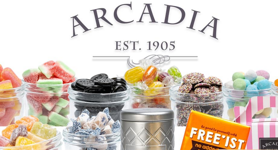 Arcadia Sweet Shop sweets and logo on white background