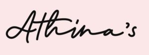 Athina logo black writing on pink background