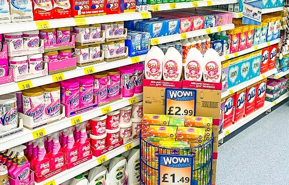 B&M Bedford shelves with discounted laundry and cleaning products