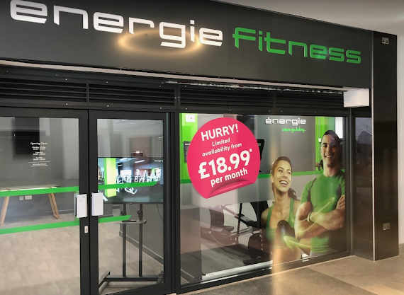Energie Fitness shop front with white and green lettering on black background