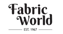 Fabric World logo black writing on white background