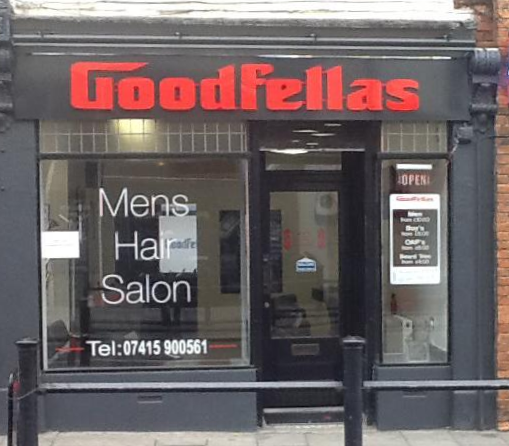 Goodfellas Men's shopfront with red lettering on black background
