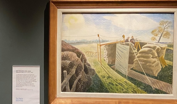 Higgins mid century painting of farm with bales of straw and bags of wheat