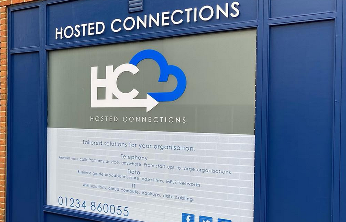 Hosted Connections shopfront with blue and white branding