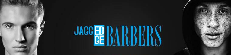 Jagged Edge 2 men with smart haircuts on black background. Blue Jagged Edge logo