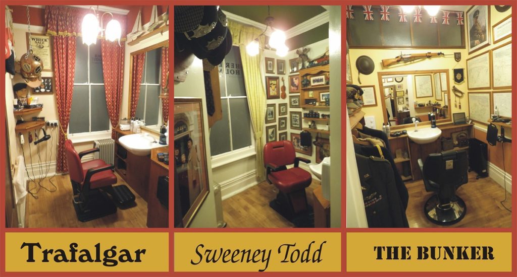 Image of 3 different themed rooms. Trafalgar , sweeney todd and the bunker. displays barber chairs, mirrors, items on the walls of each