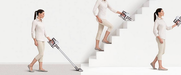 Tavistock Sound and Vision dark haired girl with Dyson vacuum on stairs, floor and wall