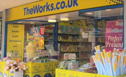 The Works shopfront blue framework with yellow and blue branding