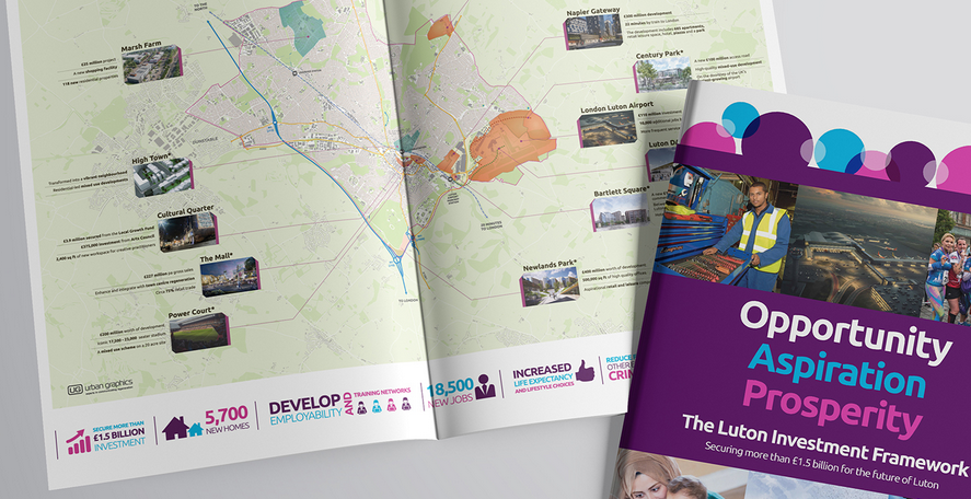 Urban Design Luton business promotion leaflet showing map of Luton