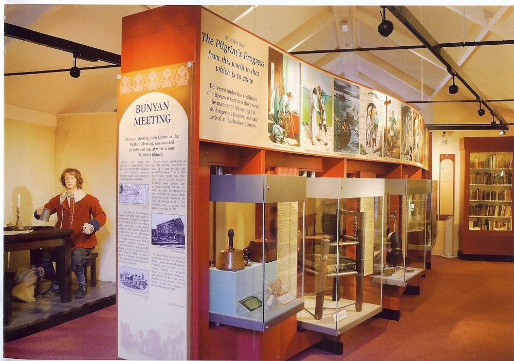 John Bunyan Museum glass cabinets, information charts and life-size wax replica