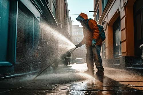 Person in alleyway in waterproof clothing pressure washing pavements