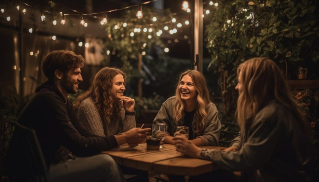 Group of friends laughing in a beer garden with fairy lights