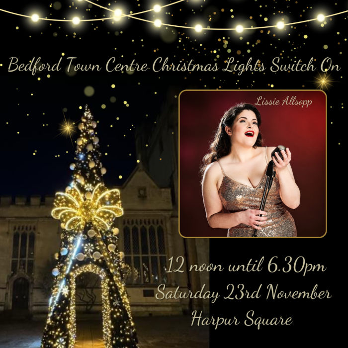 Lissie Allsop next to a Christmas tree in a promotion to advertise the Christmas Lights Switch on.