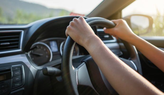 Person holding a steering wheel 