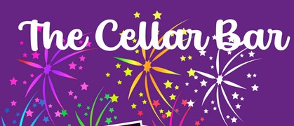 Cellar Bar wording with cartoon rainbow fireworks on a purple background