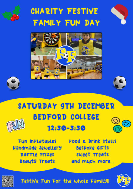 Advert in blue and yellow featuring a family football event.