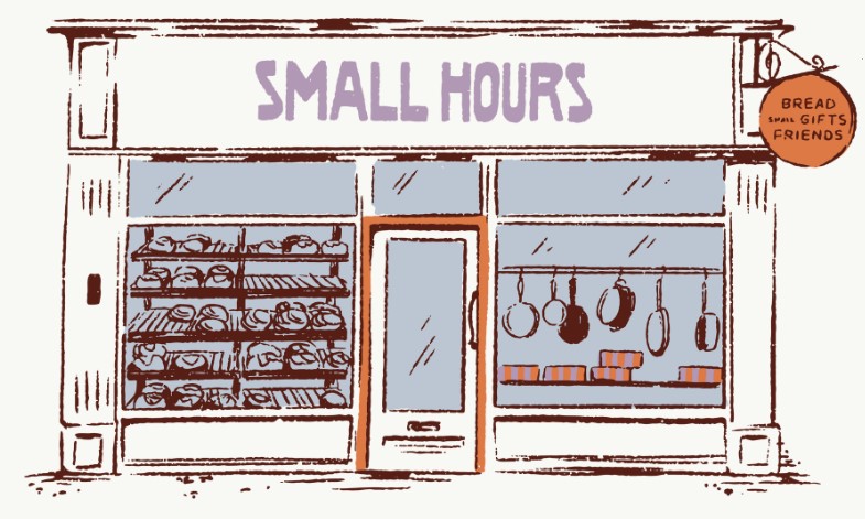 Small Hours hand drawn front of shop in orange, brown and purple on a cream background