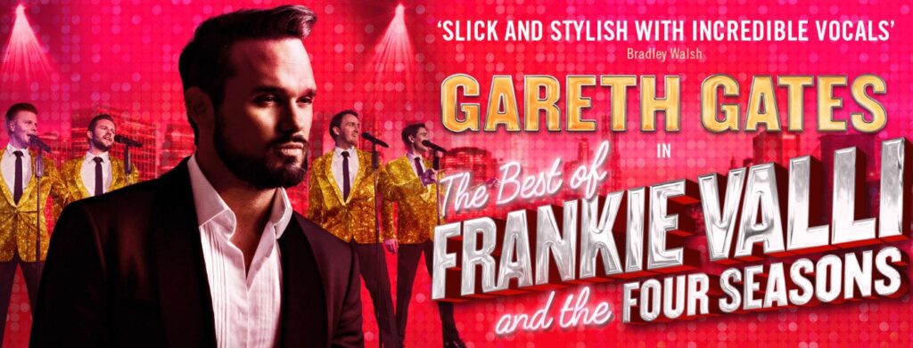 Gareth Gates on red background with four singers in the background