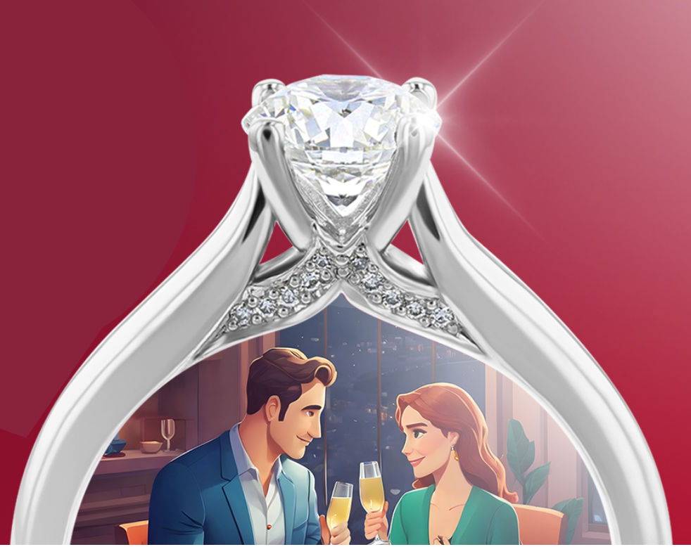 A Disney type couple drinking champagne inside of a white gold diamond ring shape