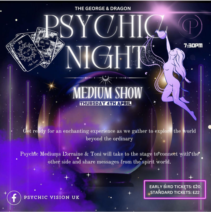 Purple advert with the words psychic night on the front. Hand drawn Image of a naked lady pouring from a water jug and a deck of Tarot cards