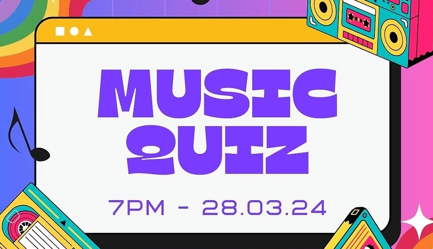 Bridges Music Quiz poster with 70's style purple writing