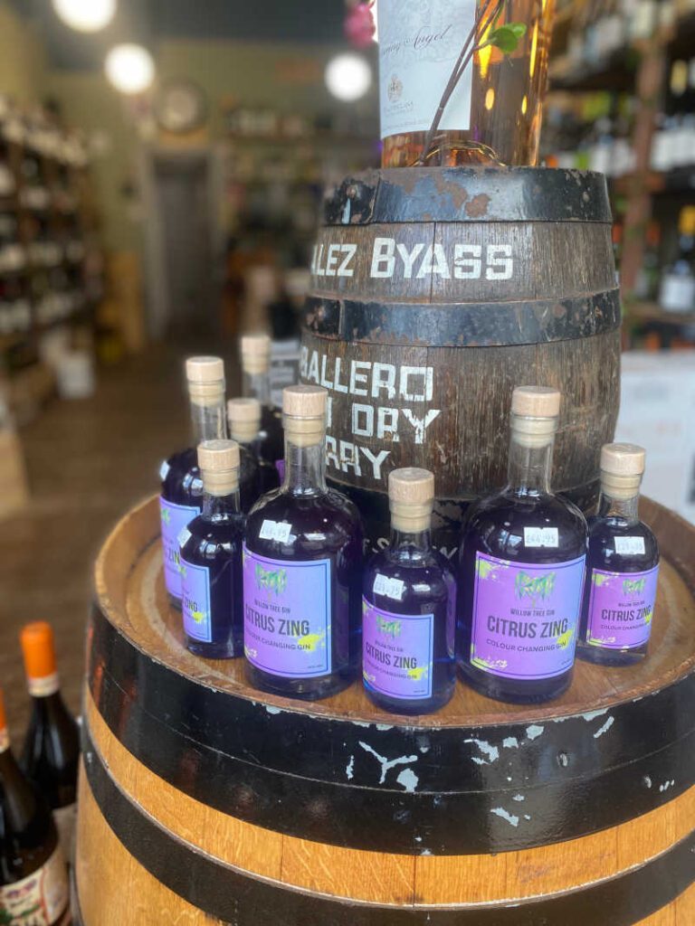 Bottles of colour changing gin at The Flying Cork