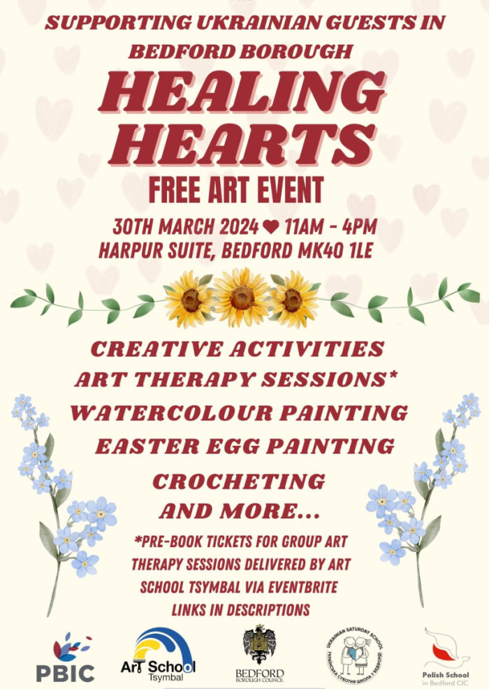 Poster for Healing Hearts event at The Harpur Suite with sunflower drawings on it and flowers.