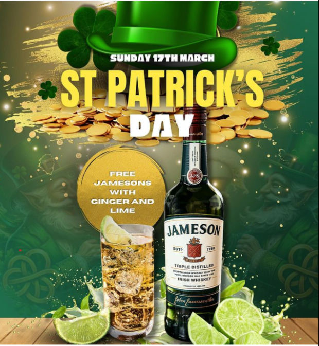 poster for St patrick's Day with a bottle of Jameson Whisky and glass next to it with slices of lime.
