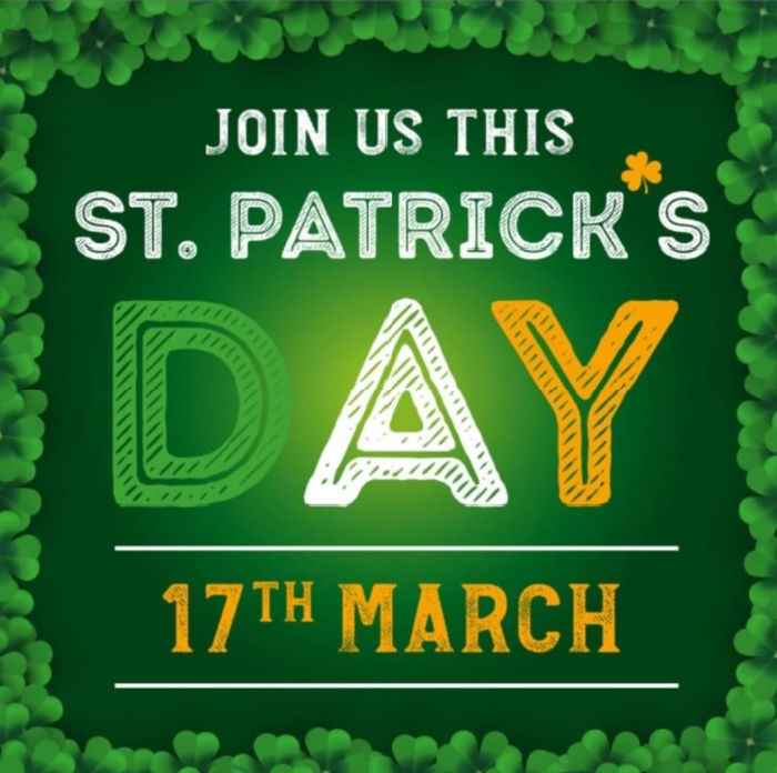 Advert for St Patrick's Day with the words St Patricks Day in green white and yellow.