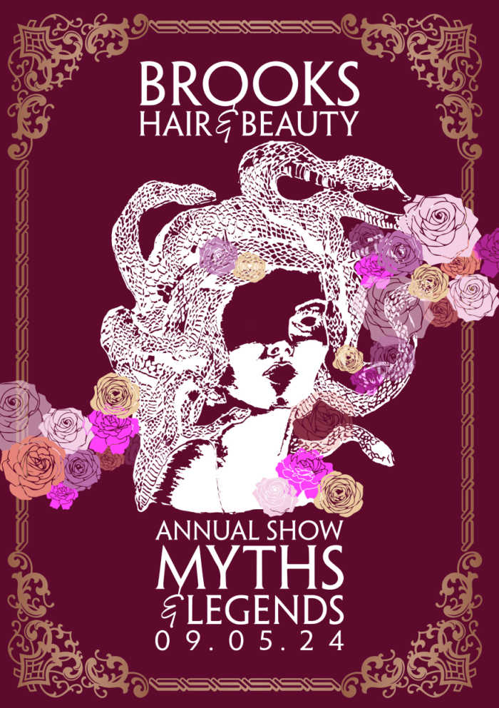 Poster showing a Medussa's head as a design for Brooks Hair and Beauty Show.