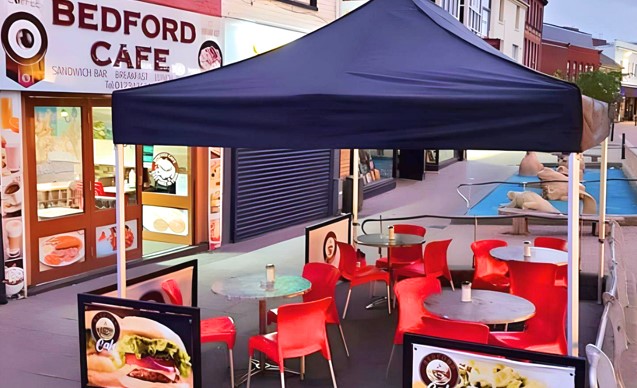 Bedford Cafe shopfront with outdoor seating