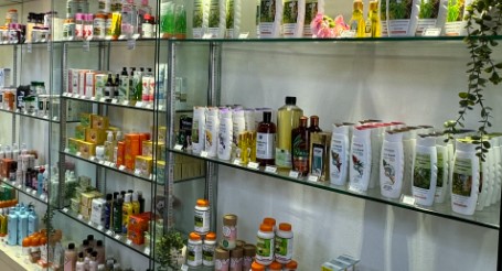 Vharmacy shelves of bathing products