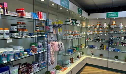 Vharmacy shelves of body products