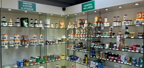 Vharmacy shelves of wellness products