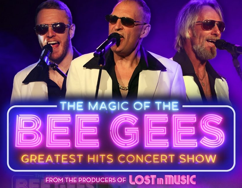 Bedford Corn Exchange Bee Gees singing with LED words with name of concert