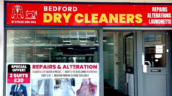 Bedford Dry Cleaners shopfront with facade and sign showing services