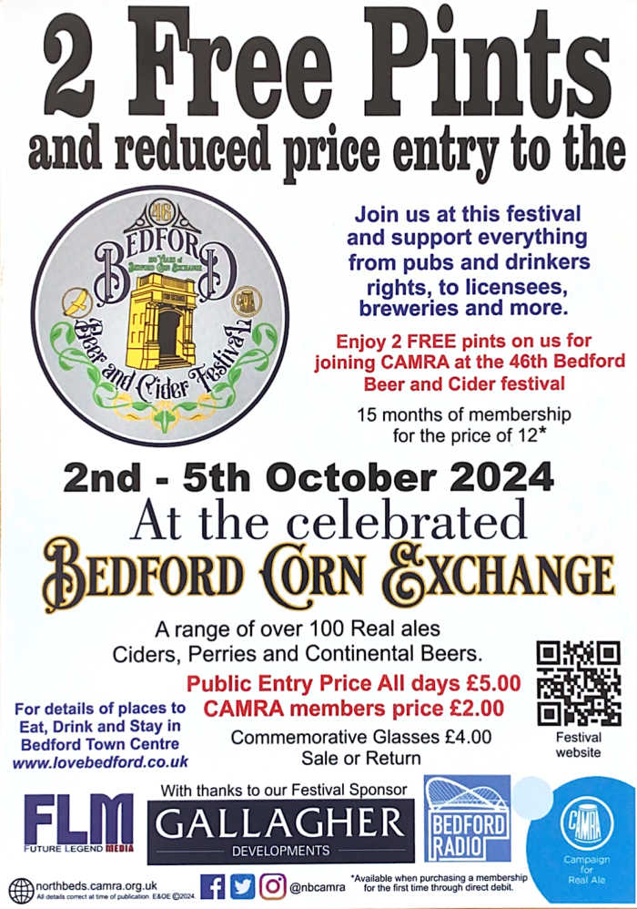 Flyer for 2 free pints at Bedford Beer & Cider Festival