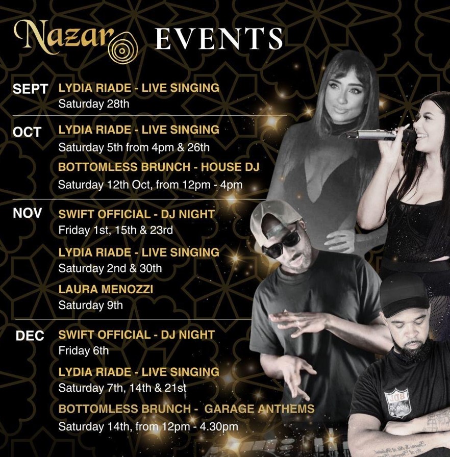 Nazar Lounge events advert showing October to December 2024 DJs and performers