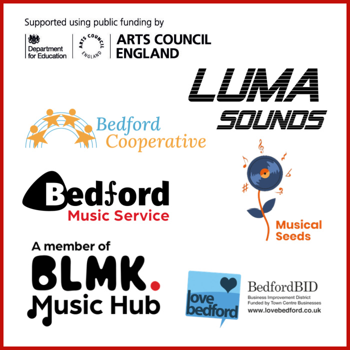 sponsorship logos for Bedfordshire Music service stage